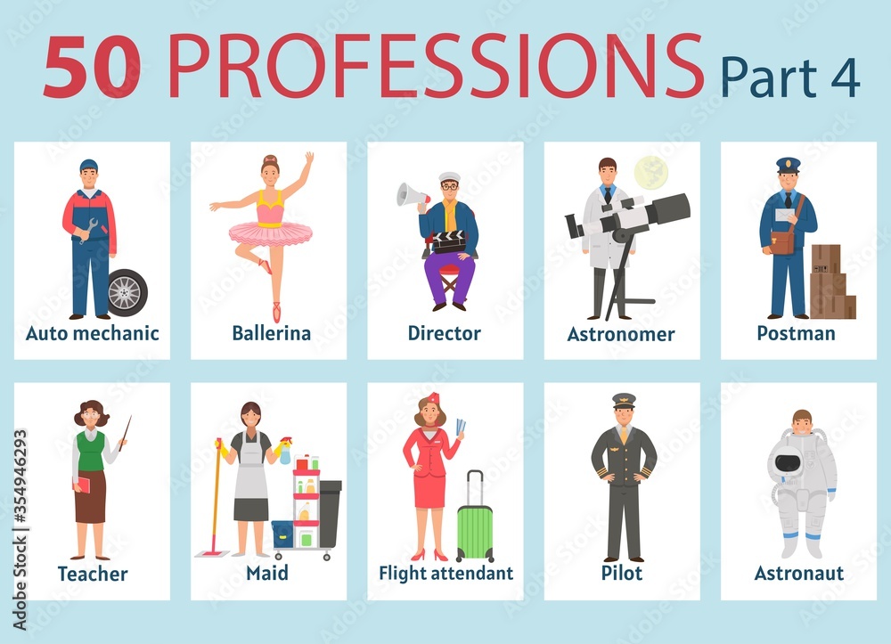 50 professions. Big set of professions in cartoon flat style for children. International Workers' Day, Labour Day