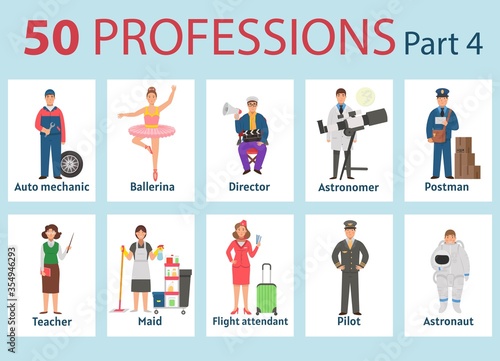 50 professions. Big set of professions in cartoon flat style for children. International Workers' Day, Labour Day