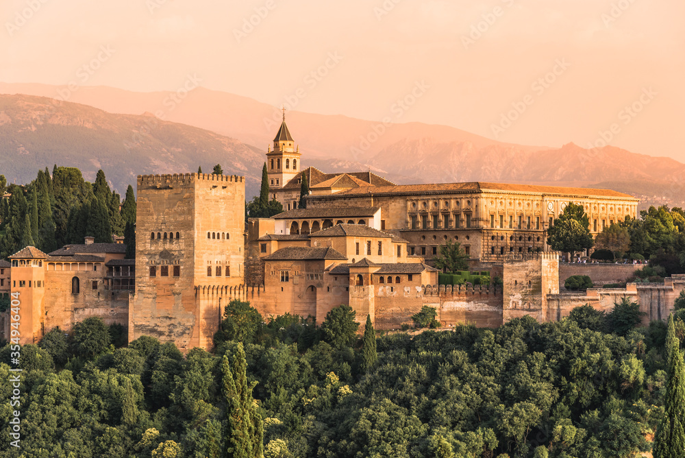 Granada, Andalusia, Spain: Panoramic view of The Alhambra fortress complex with the Nasrid Palaces and Generalife a UNESCO World Heritage Site.