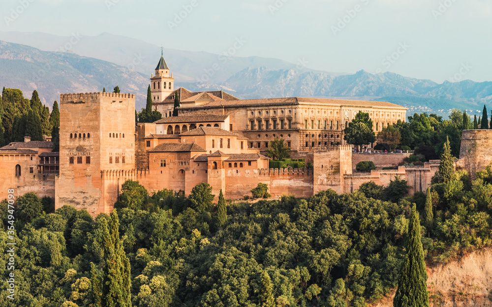Panoramic view of The Alhambra fortress complex with the Nasrid Palaces and Generalife a UNESCO World Heritage Site, Granada, Andalusia.
