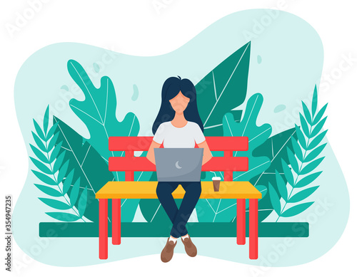 A female freelancer with dark hair sits cross-legged on a Park bench and works with a laptop.The concept of remote work and study. Background with leaves.Working in an outdoor Park. Vector. Flat style