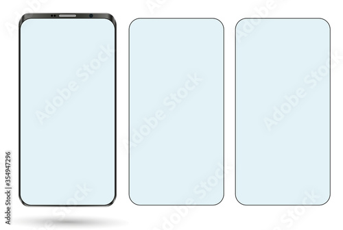 Realistic smartphone mockup set. Mobile phone blank, white, transparent screen design. Modern digital device template. Cellphone display front view mock up. Black frame. Isolated vector illustration