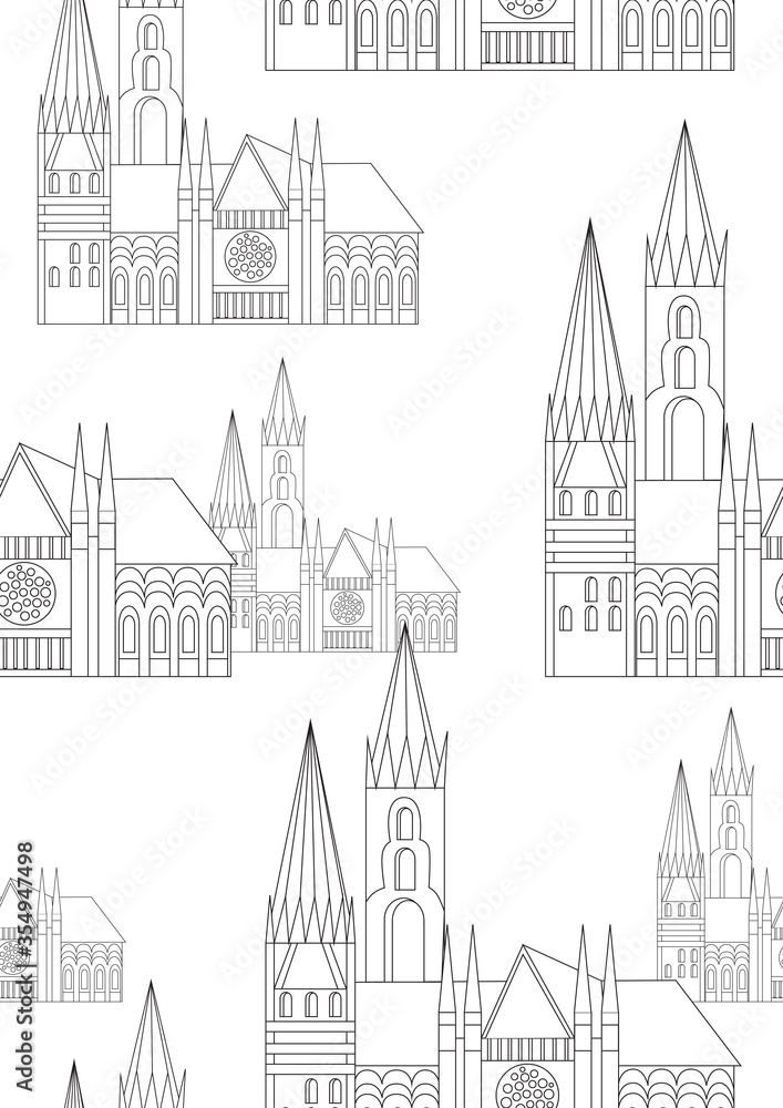 Seamless pattern or coloring page with gothic church as anti stress coloring book for adults, outline or colorless vector stock illustration with building in europe