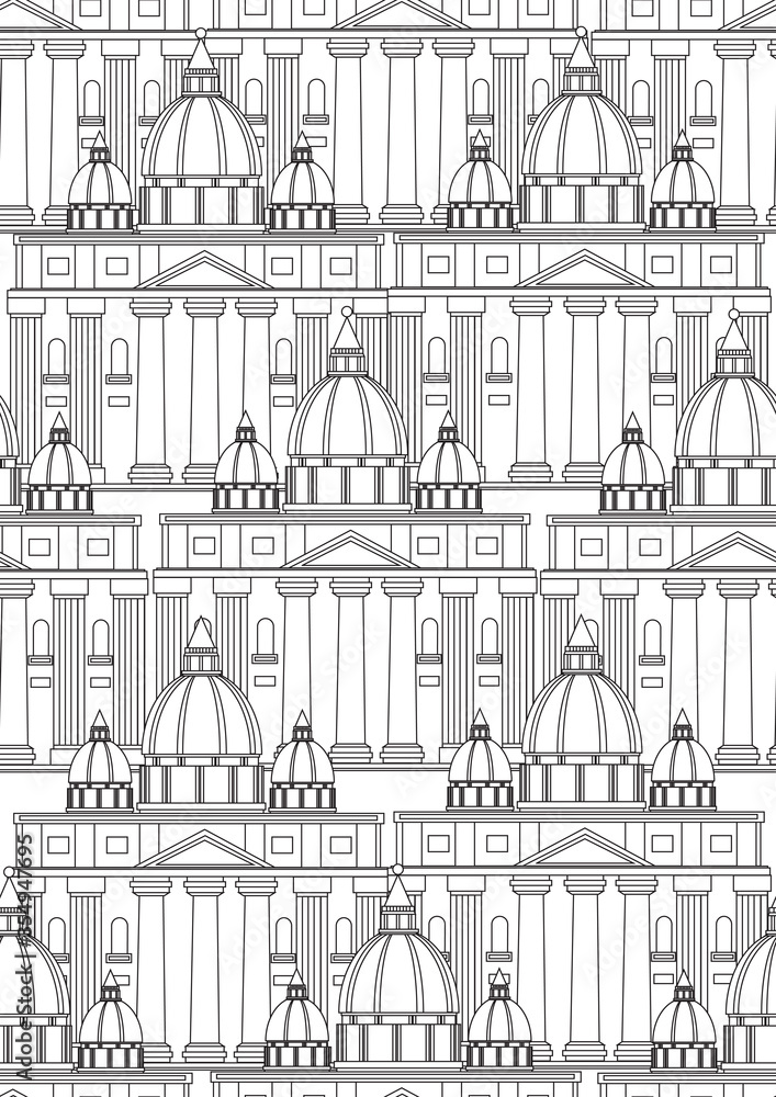 Seamless pattern or coloring page with borocco cathedral as anti stress coloring book for adults, outline or colorless vector stock illustration with baroque building