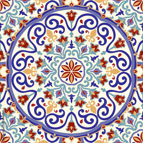 Seamless colorful pattern with mandala. Vintage decorative element. Hand drawn pattern in turkish style. Islam, Arabic, Indian, ottoman motif. Vector illustration