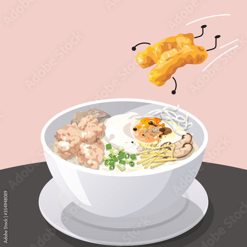 Rice porridge with minced pork (or congee with minced pork) with deep fried dough stick.