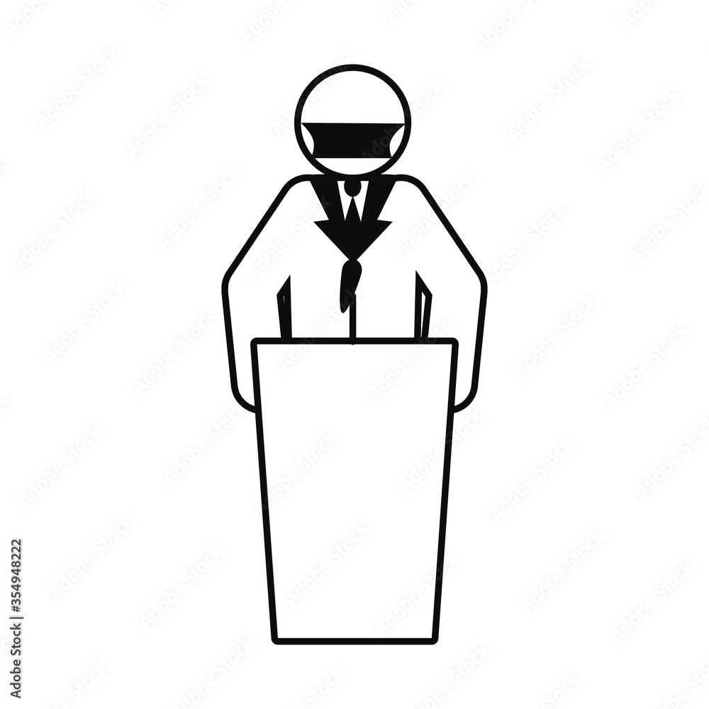 pictogram businessman wearing mouth mask in the conference podium,line style pictogram businessman wearing mouth mask in the conference podium,line style