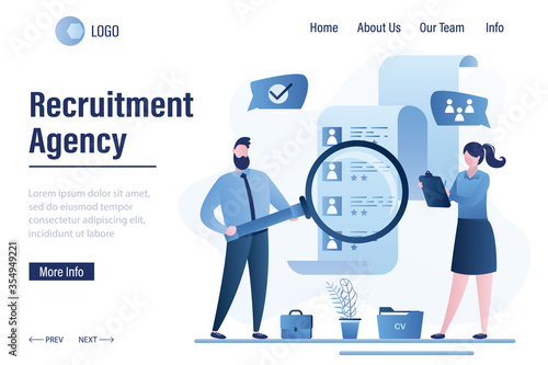 Recruitment agency landing page template. Business people select staff. Resume of candidates with avatars.