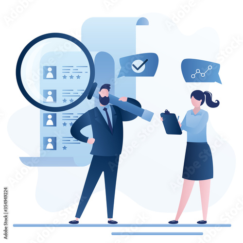 Recruitment process concept. Business people select staff. Resume of candidates with avatars. HR agency, two specialists.