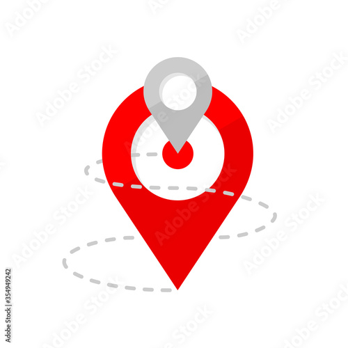Travel path geo tracking - dotted curve line with geo markers (pins) and route start and destination - vector isolated illustration for tourism or delivery companies