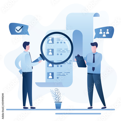 Recruitment process concept. Businessmen select staff. Resume of candidates with avatars. HR agency, two specialists.