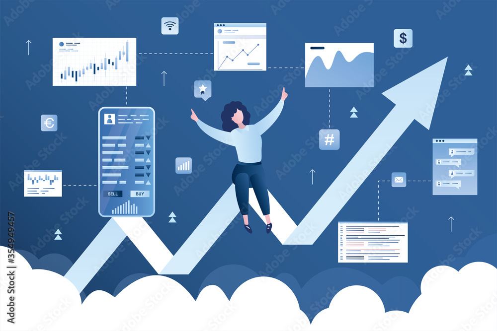 Φωτογραφία Successful happy businesswoman or investor sitting on growing profit chart