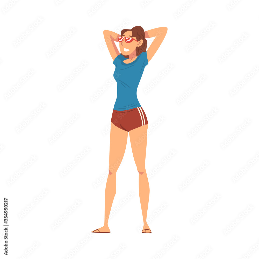 Relaxed Young Woman Standing Throwing Hands Over Her Head, Happy Female Character Wearing Tshirt and Shorts Ready to Enjoy Her Leisure Vacation Cartoon Vector Illustration Relaxed Young Woman Standing Throwing Hands Over Her Head, Happy Female Character Wearing Tshirt and Shorts Ready to Enjoy Her Leisure Vacation Cartoon Vector Illustration