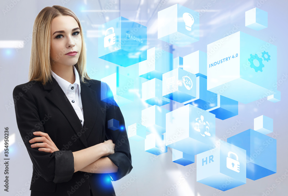 Business, Technology, Internet and network concept. Young businessman working on a virtual screen of the future and sees the inscription: Industry 4.0 Business, Technology, Internet and network concept. Young businessman working on a virtual screen of the future and sees the inscription: Industry 4.0