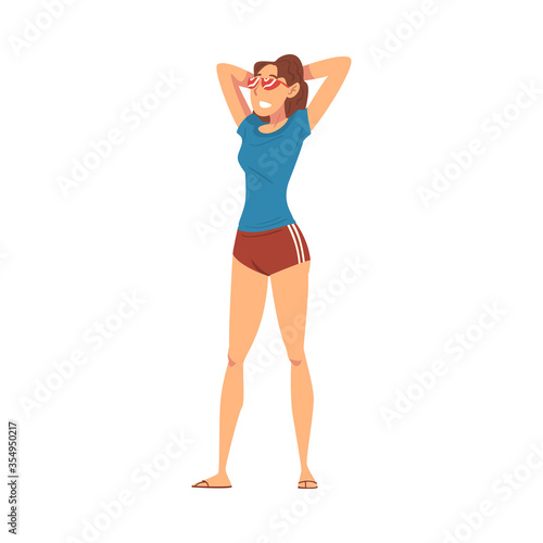 Relaxed Young Woman Standing Throwing Hands Over Her Head, Happy Female Character Wearing Tshirt and Shorts Ready to Enjoy Her Leisure Vacation Cartoon Vector Illustration