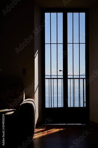 interior with window with a blue lake view