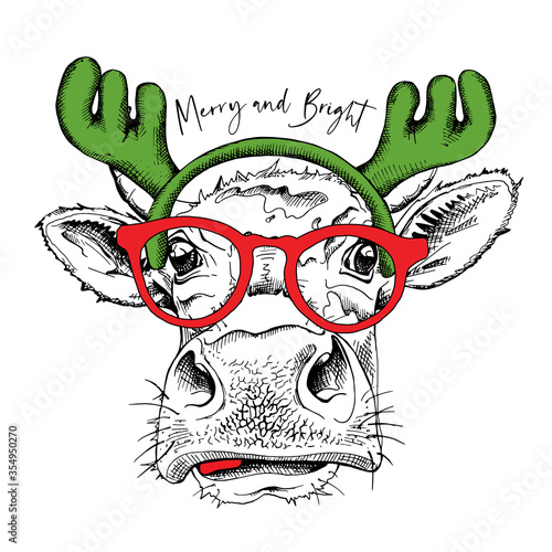 Adorable Cow in a Moose antler headband and in a glasses. Merry and bright - lettering quote. Christmas and New year card, Humor composition, hand drawn style print. Vector illustration.
