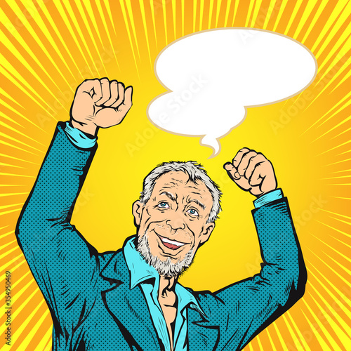 The old businessman showed joy, smiling and raising his fist. pop art retro vector illustration comic. Separate images of people from the background.