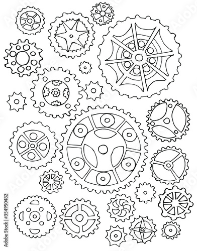 Steampunk gear collection. Set Vector vintage transmission cogwheels and gears. Can be used for industrial, technical, mechanical and steampunk design. Hand-drawn. Doodle style.