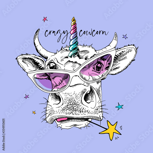Cute cow in a pink glasses with a rainbow unicorn horn. Crazy cowcorn - lettering quote. Humor card, t-shirt composition, hand drawn style print. Vector illustration.