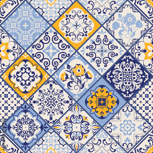 Azulejos tiles patchwork. Seamless colorful patchwork. Hand drawn seamless abstract pattern. Majolica pottery tile, blue, yellow azulejo. Original traditional Portuguese and Spain decor. Vector