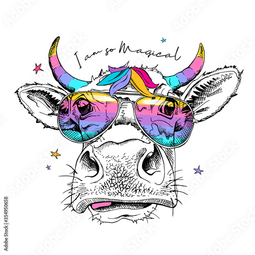 Cute cow in a rainbow glasses with a unicorn horns. I am so magical - lettering quote. Humor card, t-shirt composition, hand drawn style print. Vector illustration.