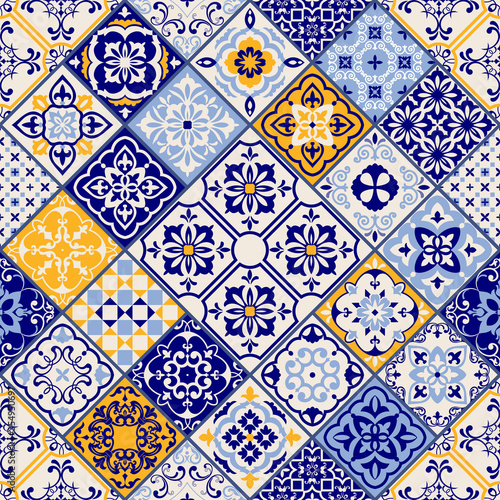 Azulejos tiles patchwork. Seamless colorful patchwork. Hand drawn seamless abstract pattern. Majolica pottery tile, blue, yellow azulejo. Original traditional Portuguese and Spain decor. Vector