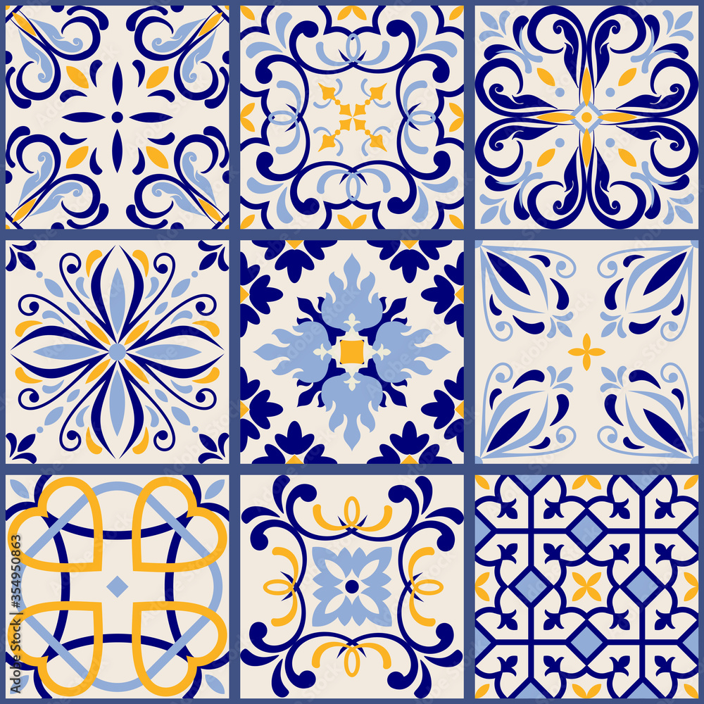 Azulejos tiles patchwork. Seamless colorful patchwork. Hand drawn seamless abstract pattern. Majolica pottery tile, blue, yellow azulejo. Original traditional Portuguese and Spain decor. Vector
