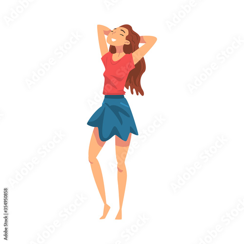 Relaxed Young Woman Standing Throwing Hands Over Her Head, Lounging Female Character Enjoying Her Leisure Vacation, Summer Holidays and Traveling Cartoon Vector Illustration