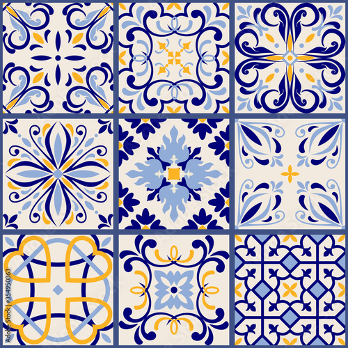 Azulejos tiles patchwork. Seamless colorful patchwork. Hand drawn seamless abstract pattern. Majolica pottery tile, blue, yellow azulejo. Original traditional Portuguese and Spain decor. Vector