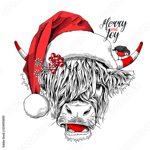 Adorable Cow with bangs in a red Santa's hat and with a bird. Merry and joy - lettering quote. Christmas and New year card, Humor composition, hand drawn style print. Vector illustration.