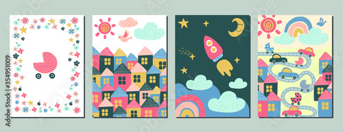 Template set of kids poster for newly born baby event, good night sleep, city life - flat hand drawn vector illustration