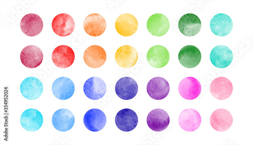 Watercolor circle shape stains, smears vector collection. Bright rainbow colors hand drawn spots, round smudges set. Colorful watercolour paint big dots illustration, design elements. Text background.
