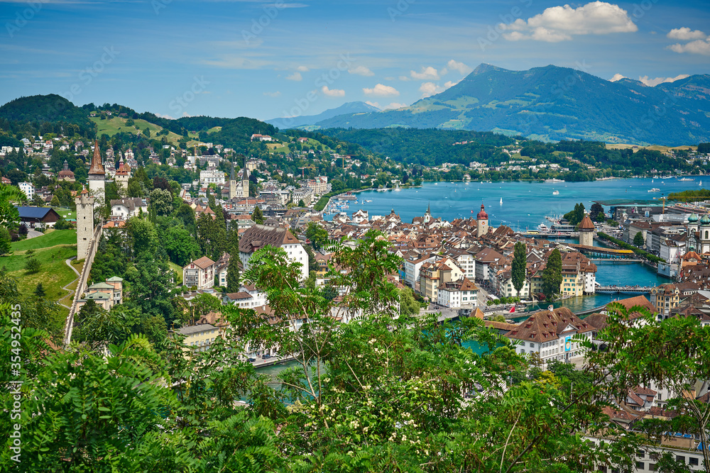 Aerial panorama of Luzern, Switzerland.. The city lies along the banks of Lake Lucerne and Reuss river.      