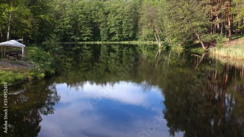 Forest lake in summer surrounded by coniferous green trees, a place to relax. Aerial photography.