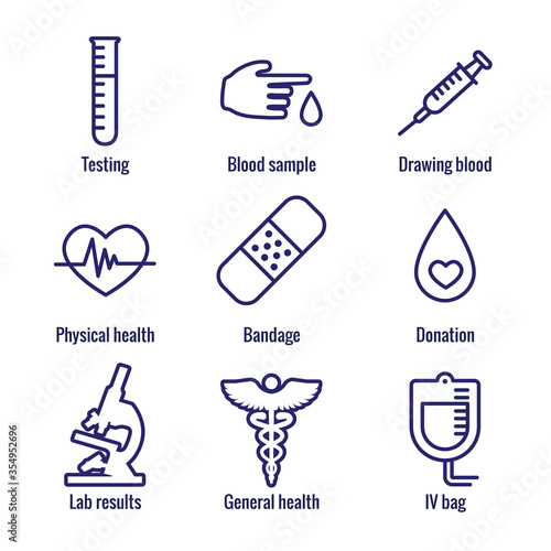 Blood testing and work icon set with syringe, donation, & blood sample ideas