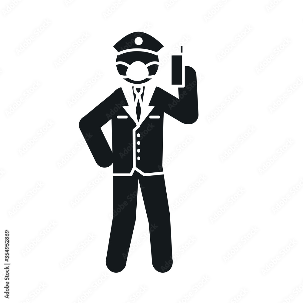 pictogram policeman with protective mask and holding a cellphone, silhouette style