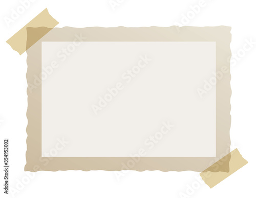 Real one brown frame of old photo with adhesive tapes. Vintage wavy edge. Place for your photo. Isolated on a white background. Vector.