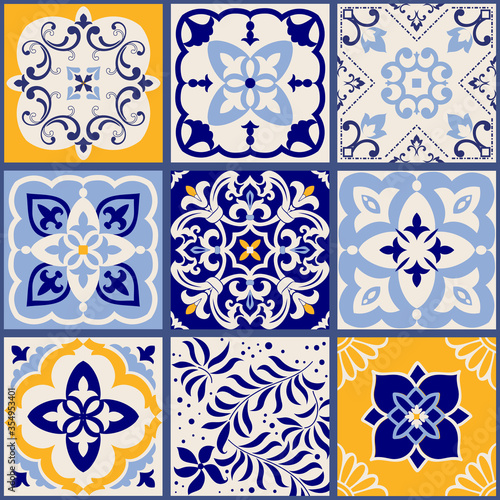 Collection of 9 ceramic tiles in turkish style. Seamless colorful patchwork from Azulejo tiles. Portuguese and Spain decor. Islam, Arabic, Indian, Ottoman motif. Vector Hand drawn background