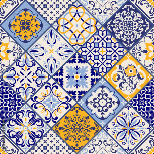Seamless colorful patchwork in turkish style. Hand drawn background. Azulejos tiles patchwork. Portuguese and Spain decor. Islam, Arabic, Indian, ottoman motif. Perfect for printing on fabric or paper