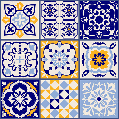 Collection of 9 ceramic tiles in turkish style. Seamless colorful patchwork from Azulejo tiles. Portuguese and Spain decor. Islam, Arabic, Indian, Ottoman motif. Vector Hand drawn background