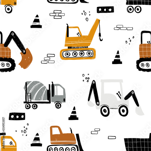 Vector hand-drawn seamless repeating children simple pattern with cars in Scandinavian style on a white background.Kids seamless pattern with building equipment. Funny construction transport