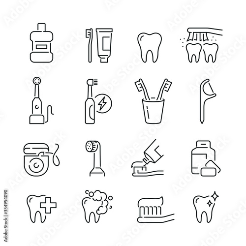 Dental care related icons: thin vector icon set, black and white kit