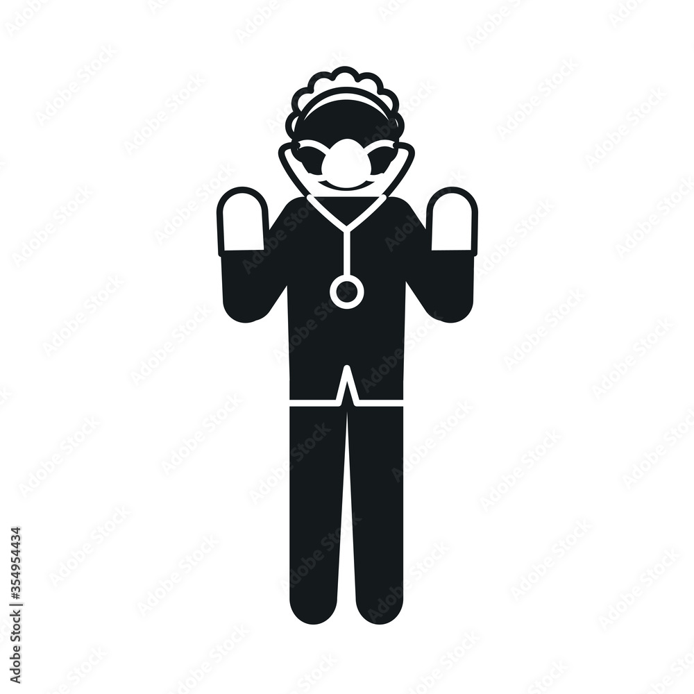 pictogram doctor woman with stethoscope and medical mask icon, silhouette style