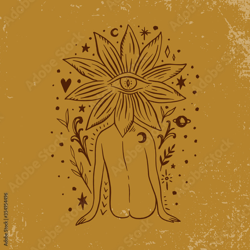 Hippie floral head moonchild. Modern boho concept. Flower culture. Harmony and zen. Crescent moon magic symbols. Vector illustration.