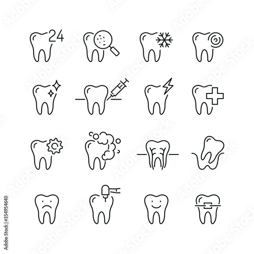 Dentistry related icons: thin vector icon set, black and white kit