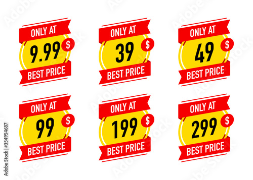 Sale only at $ 9.99 99 49 99 199 and 299 Dollars and Cent best price. Stickers Design in Flat Style on white background. Vector.