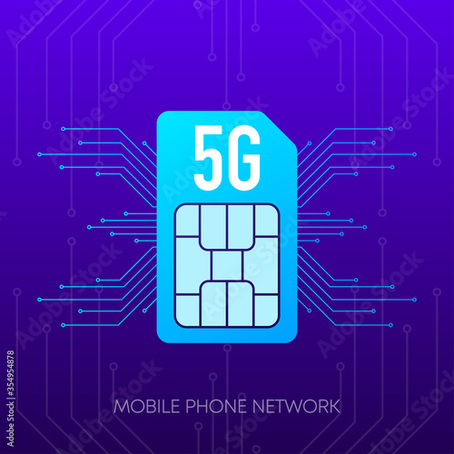 Mobile phone 5G network logo sim card on gradient abstract background. Vector