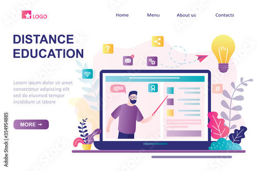 Distance education landing page template. E-learning, home schooling. Man tutor or teacher on display.