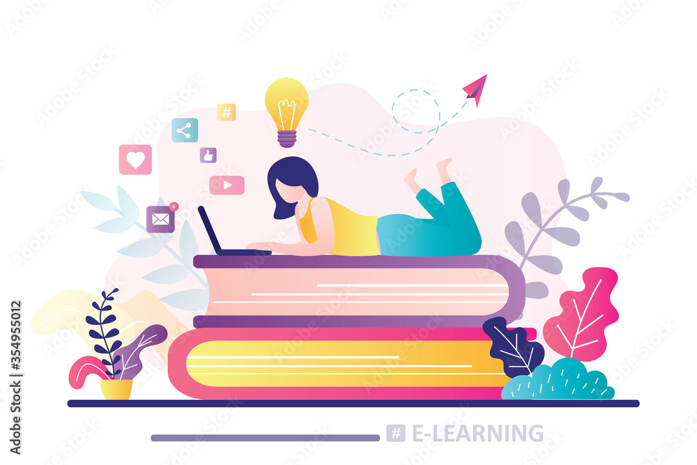 E-learning banner. Online education, home schooling. Girl student working on laptop. Web courses or tutorials. E-learning banner. Online education, home schooling. Girl student working on laptop. Web courses or tutorials.